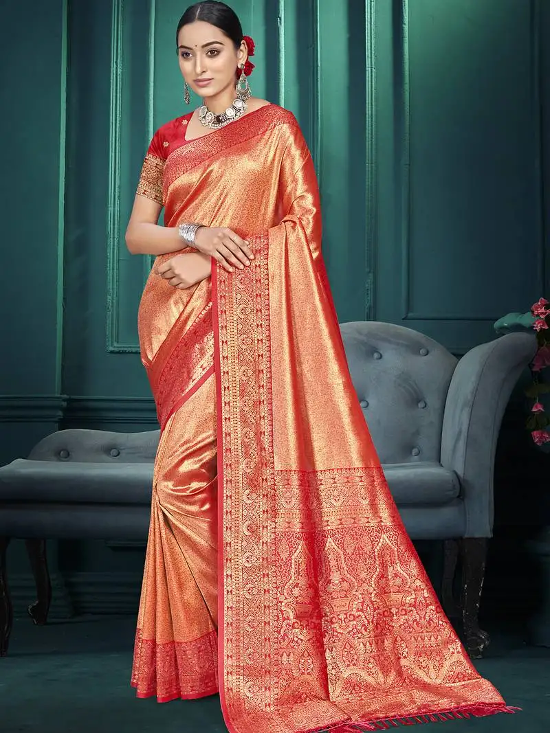 Sangam prints orange kanjivaram silk woven work traditional saree