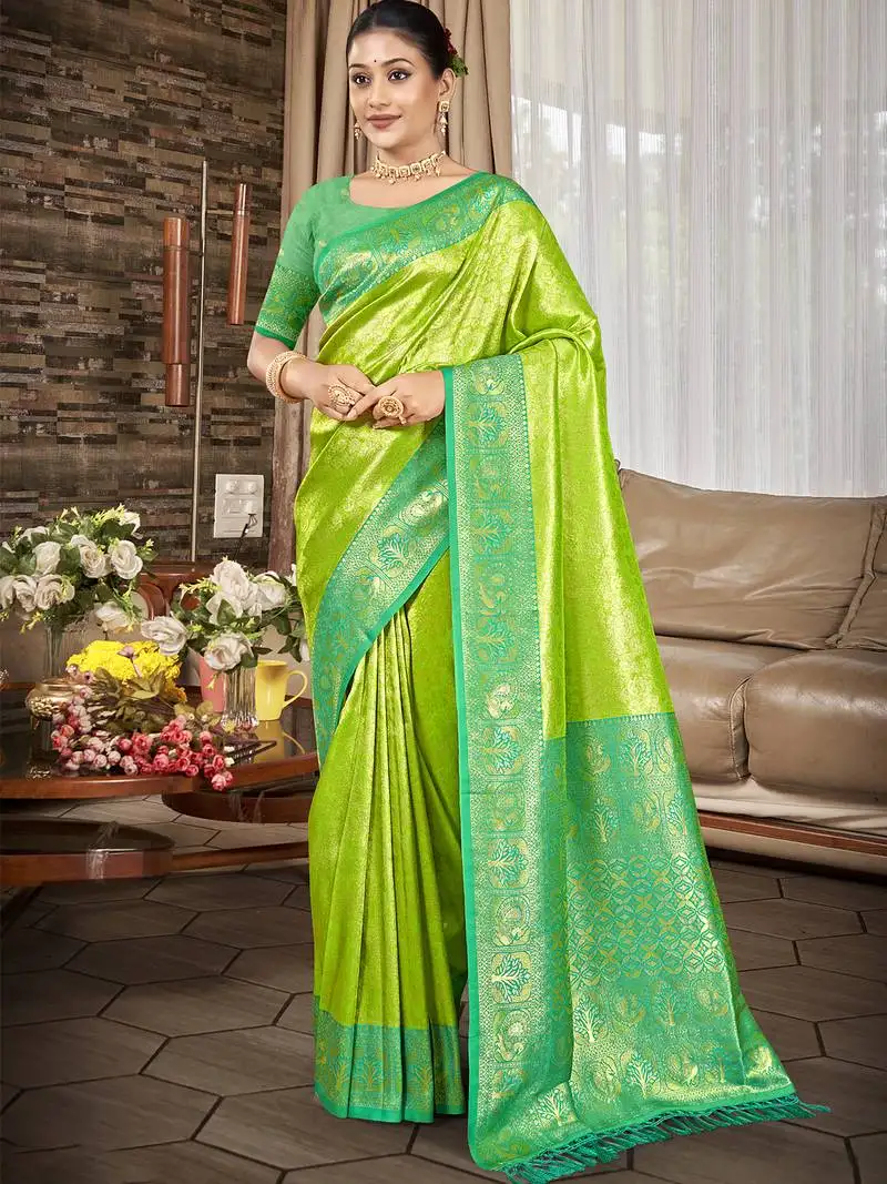 Sangam prints parrot green  kanjivaram silk woven work traditional saree