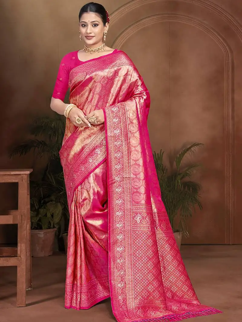 Sangam prints rani pink kanjivaram silk woven work traditional saree