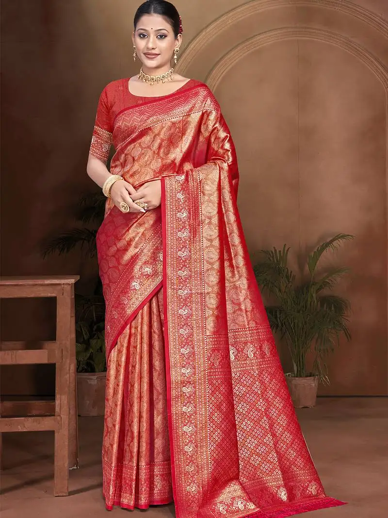 Sangam prints red kanjivaram silk woven work traditional saree