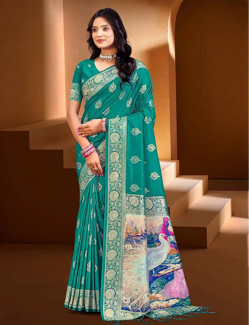 Sangam prints teal green silk with digital pallu woven work traditional saree