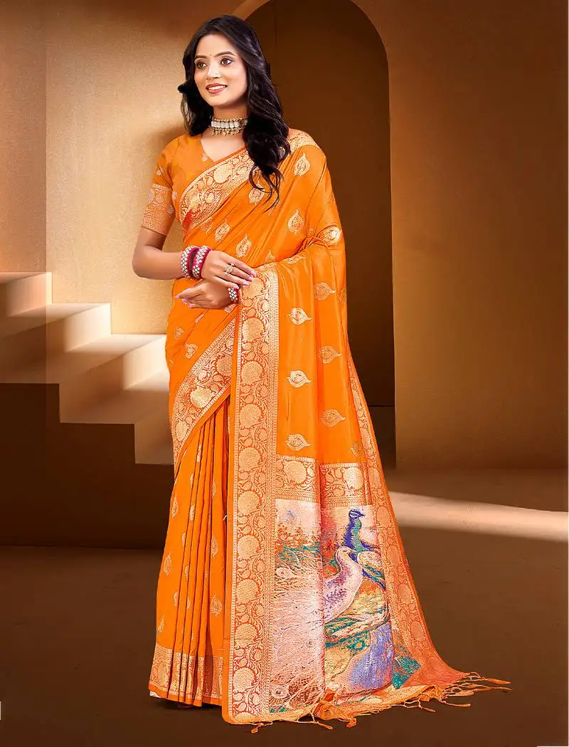 Sangam prints orange silk with digital pallu woven work traditional saree