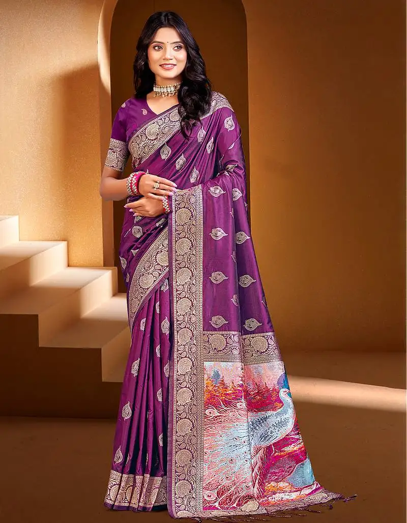 Sangam prints dark wine silk with digital pallu woven work traditional saree