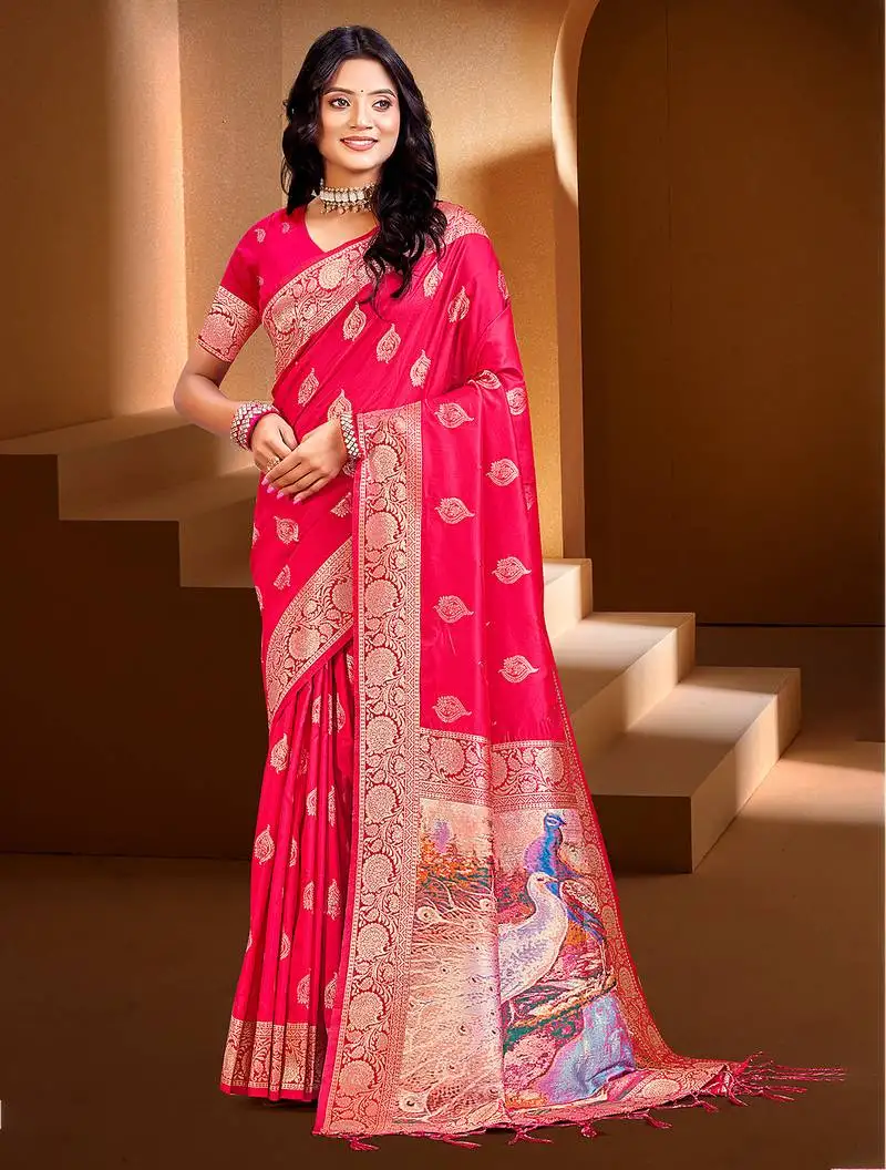 Sangam prints rani pink silk with digital pallu woven work traditional saree