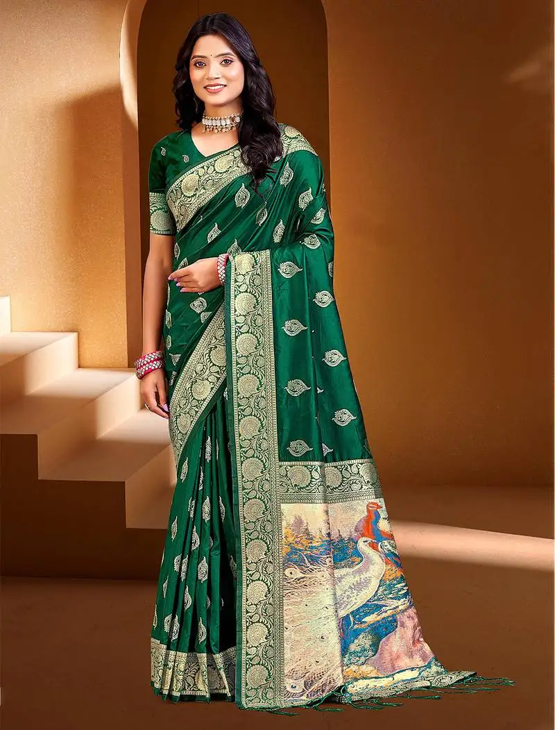 Sangam prints dark green silk with digital pallu woven work traditional saree