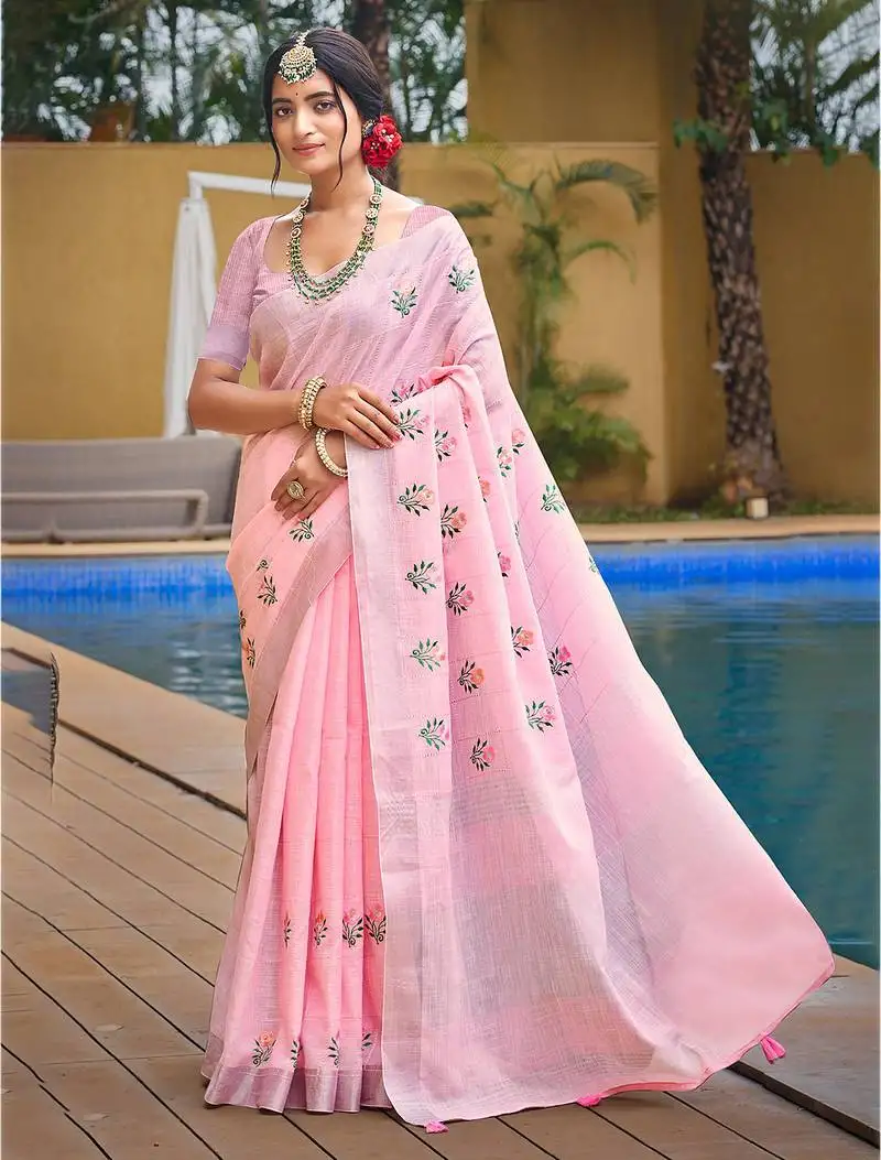 Sangam prints light pink linen woven work traditional saree
