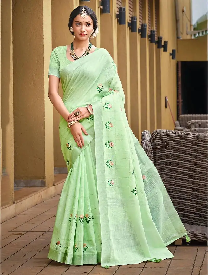 Sangam prints sea green linen woven work traditional saree