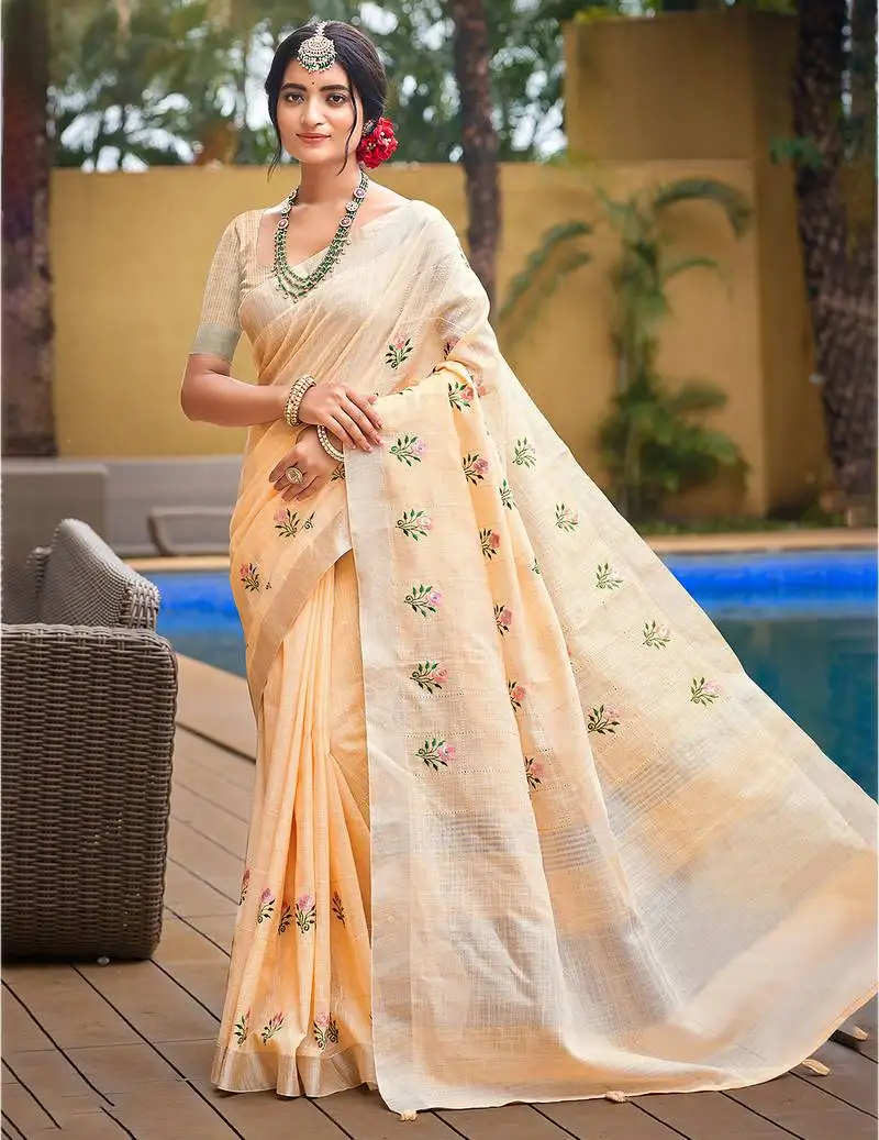 Sangam prints beige linen woven work traditional saree
