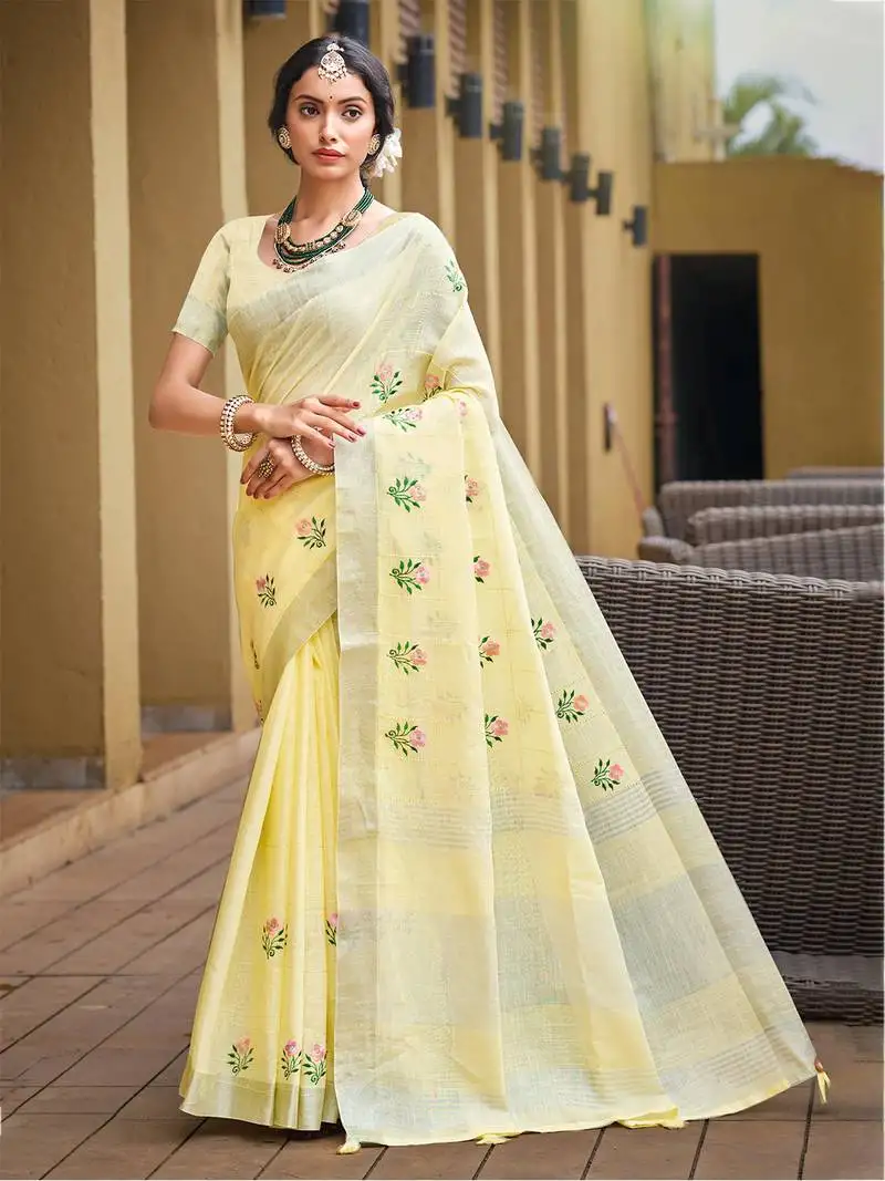 Sangam prints light yellow linen woven work traditional saree