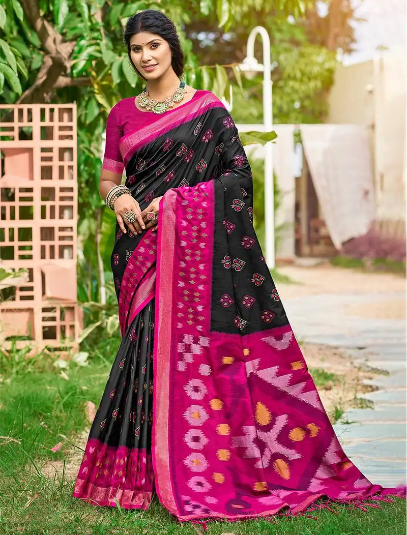 Sangam prints black and pink silk woven work traditional saree