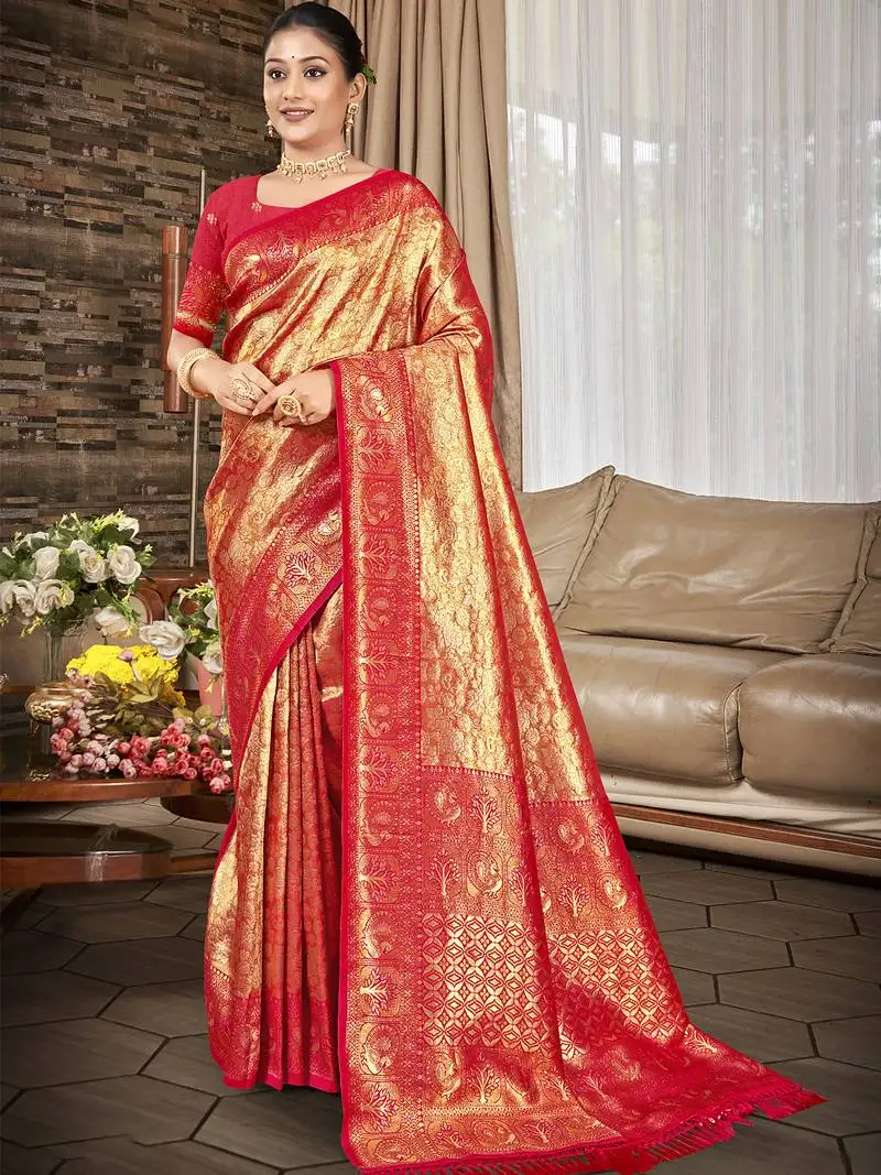 Sangam prints red with golden kanjivaram silk woven work traditional saree