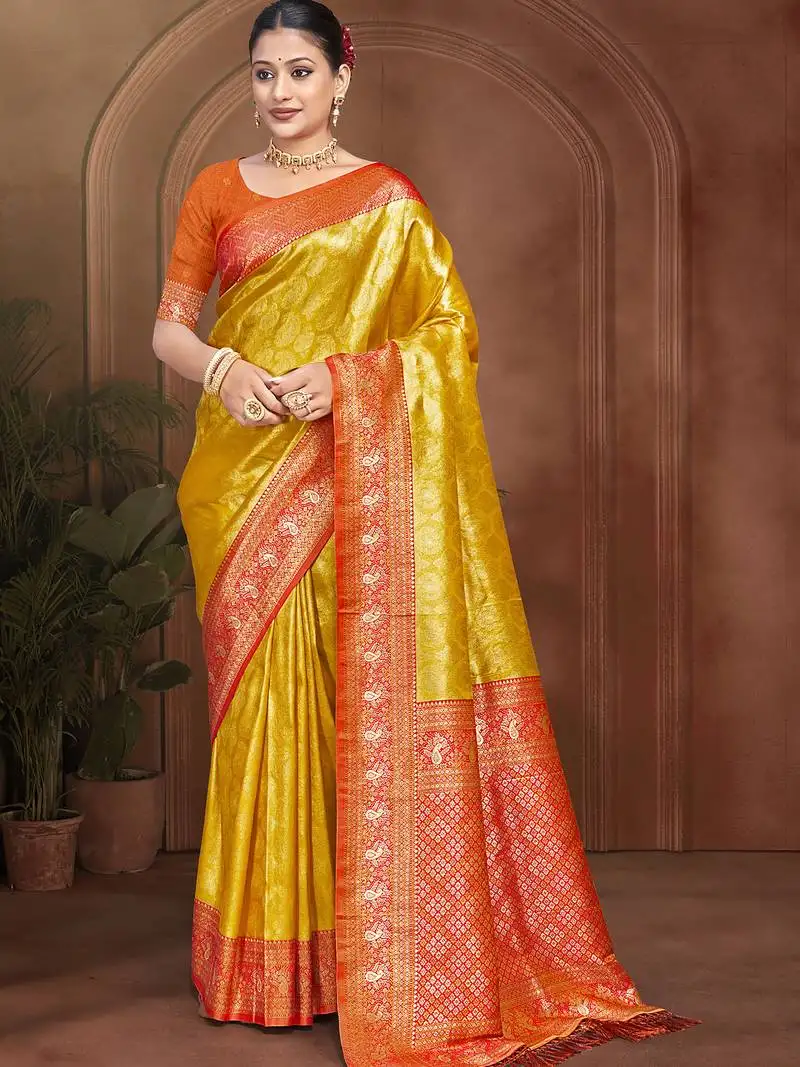 Sangam prints marigold yellow kanjivaram silk woven work traditional saree