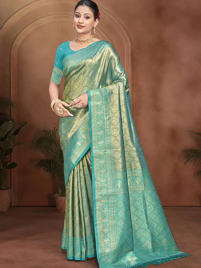 Sangam prints deep teal kanjivaram silk woven work traditional saree