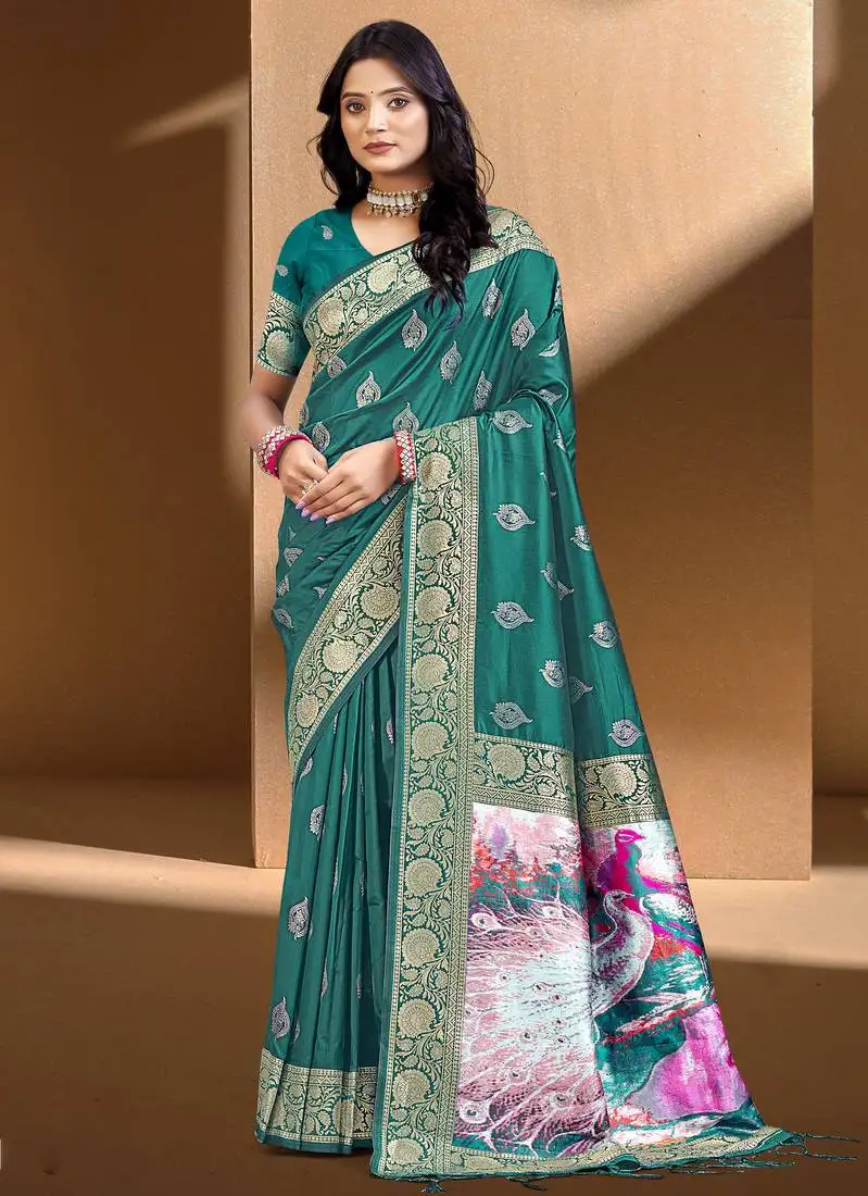 Sangam prints teal green.  silk with digital pallu woven work traditional saree