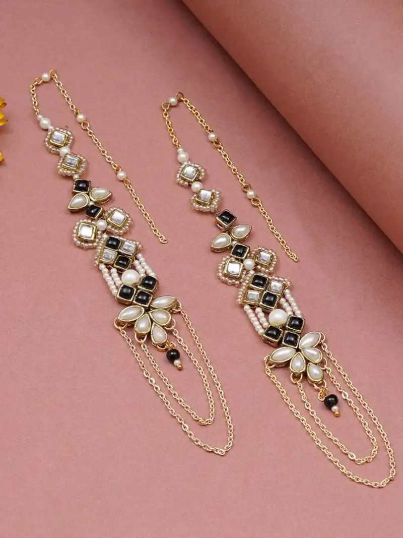 Black & gold kundan pearl earrings with ear chain