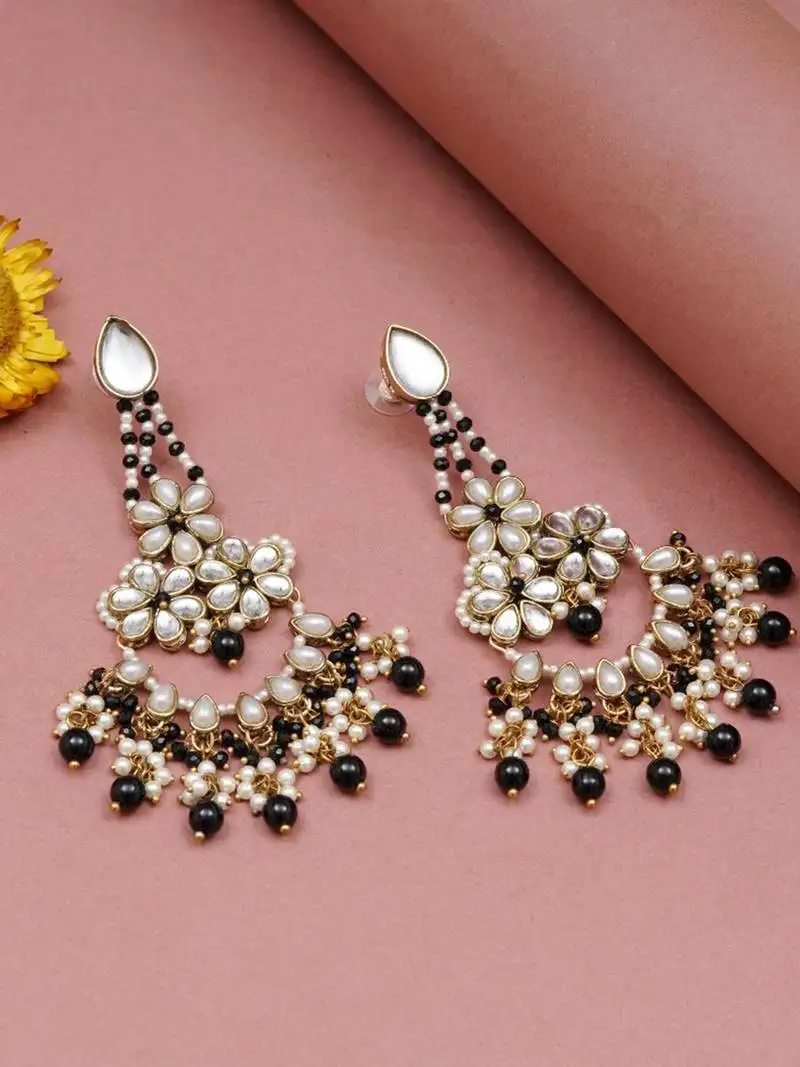 Black beaded kundan chandbali earrings