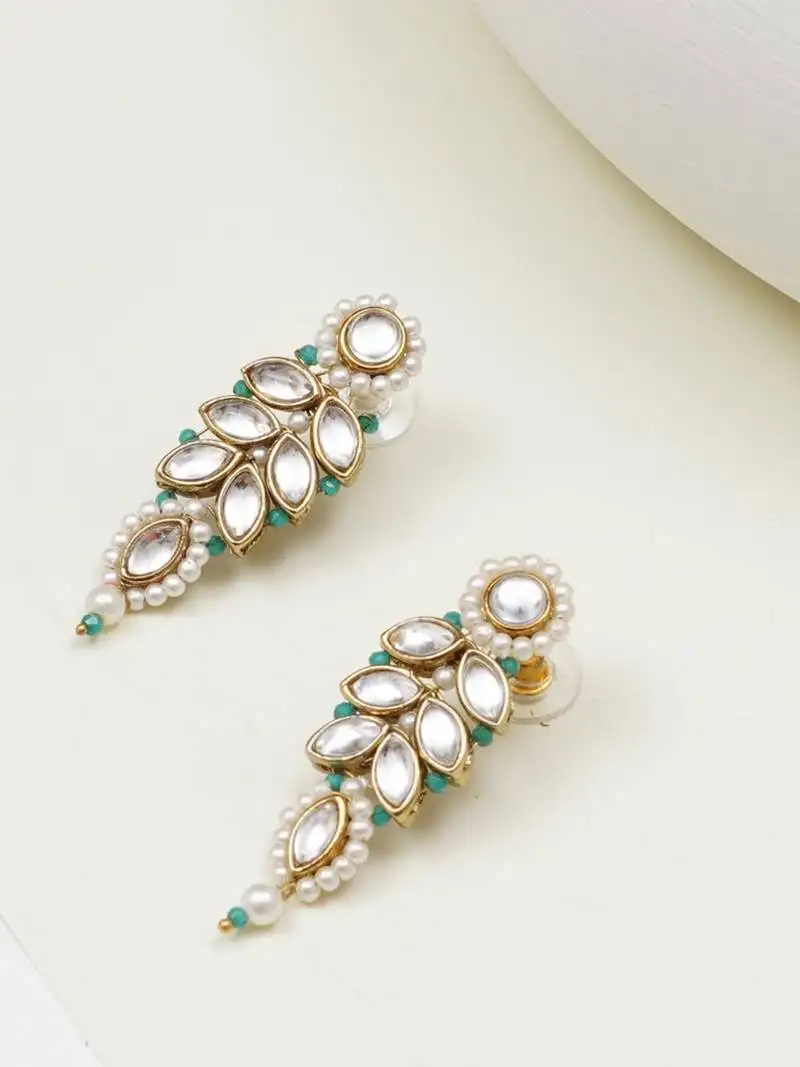 Green beaded leaf kundan stud earrings