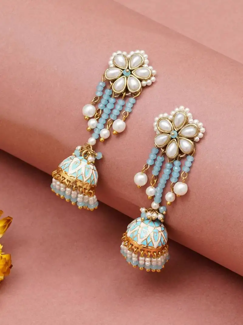 Blue meenakari jhumka earrings with pearl drops