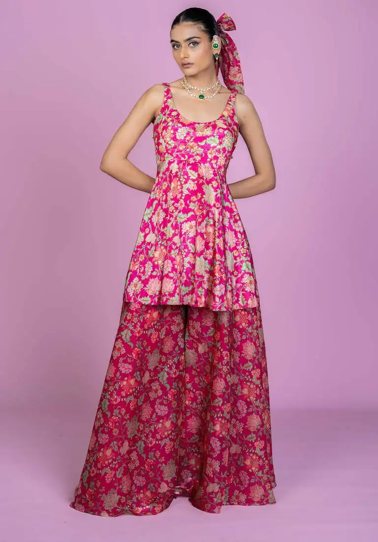 Fuschia pink floral print embroideredart silk readymadepalazzo suits palazzo festive-salwar-suits stitched