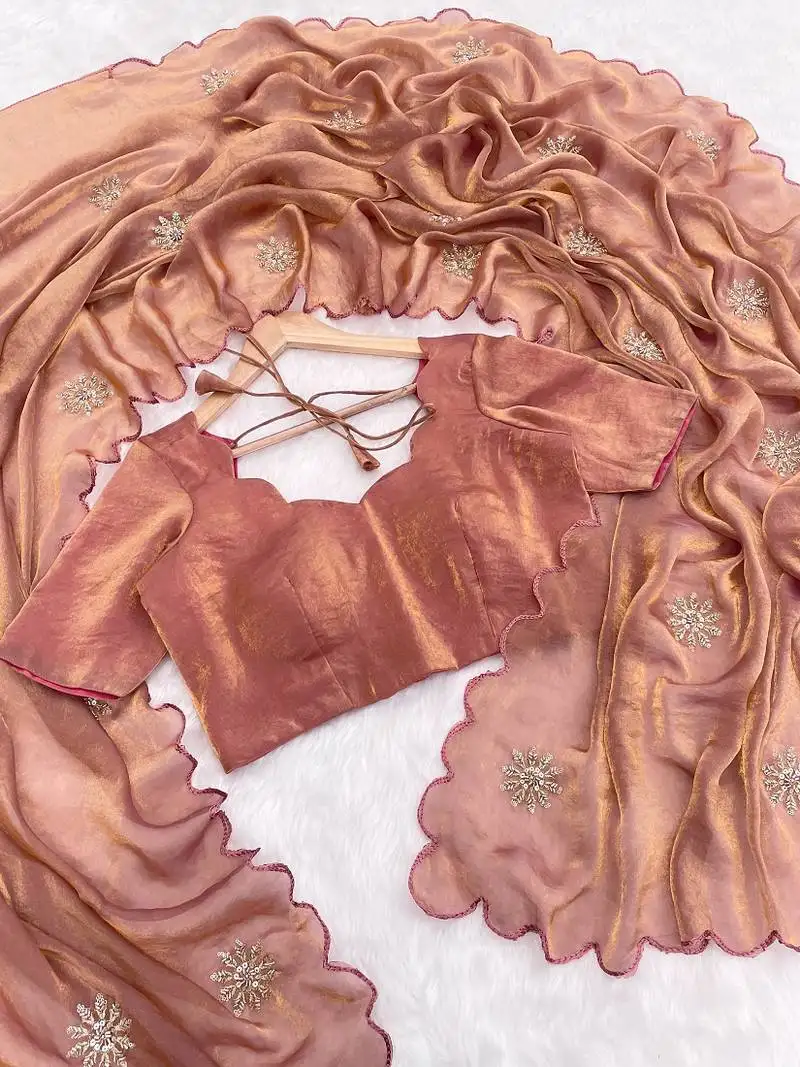 Rust fendy satin embroidered beads work saree with unstitched blouse