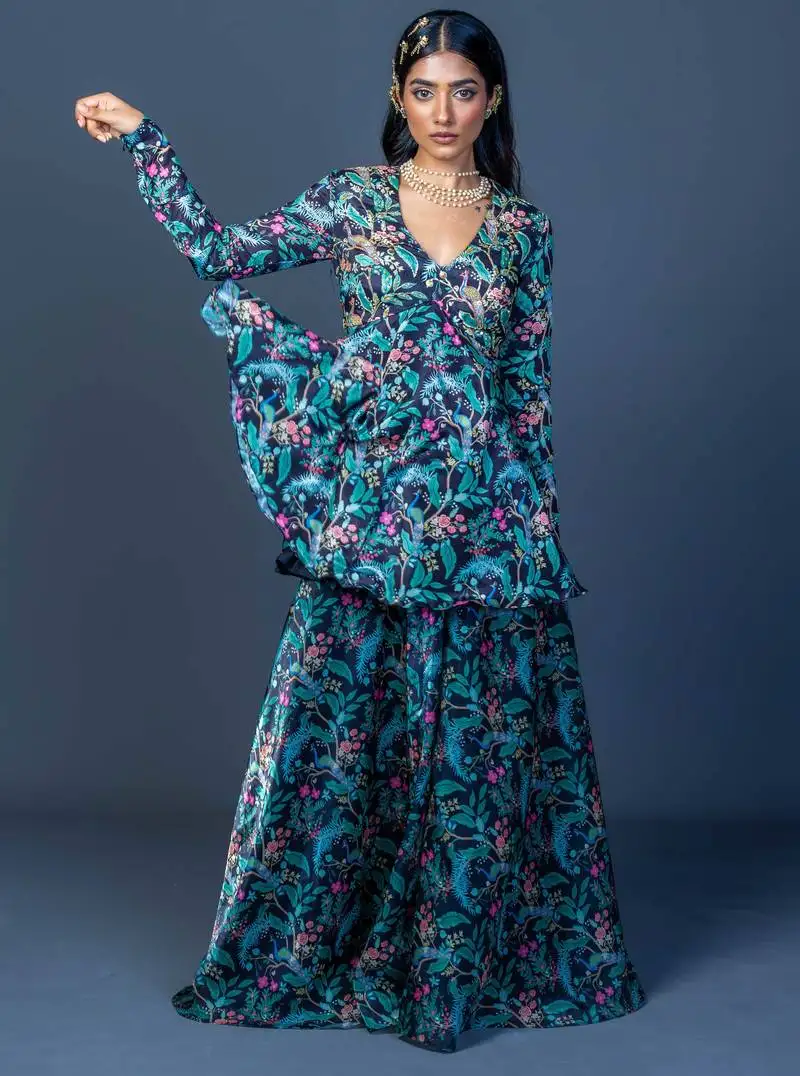 Black floral print embroidered art silk readymadepalazzo suits palazzo festive-salwar-suits stitched