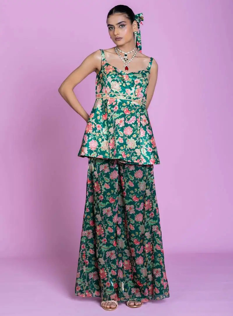 Green floral print embroidered art silk readymade flared pant set festive-salwar-suits stitched