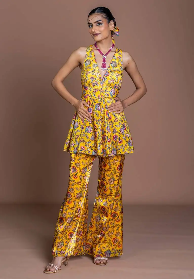 Mustard yellow floral print embroidered art silk readymade pant stitched