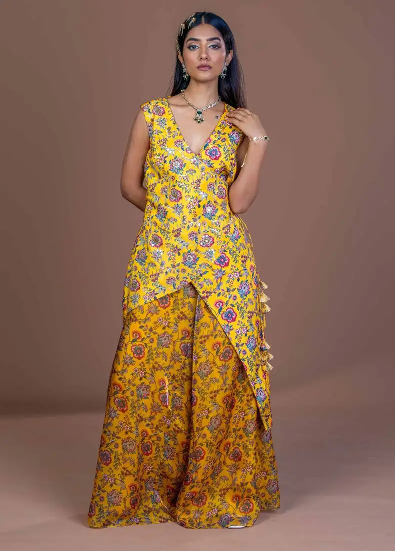 Mustard yellow floral print embroidered chinon silk readymade pant stitched