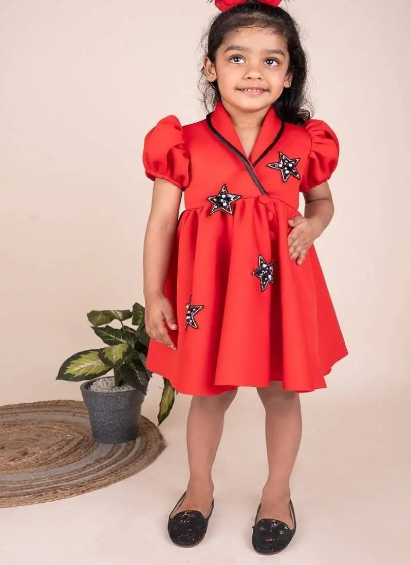 Red embroidered faux polyester dress