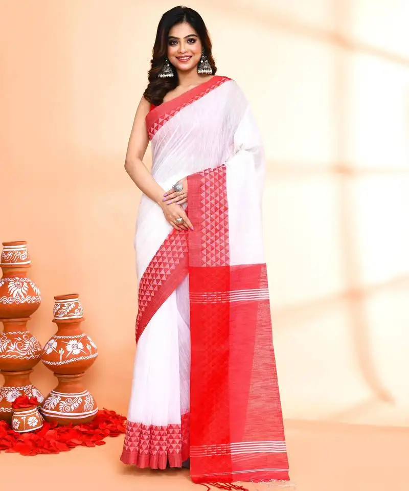 White and red cotton saree with running blouse