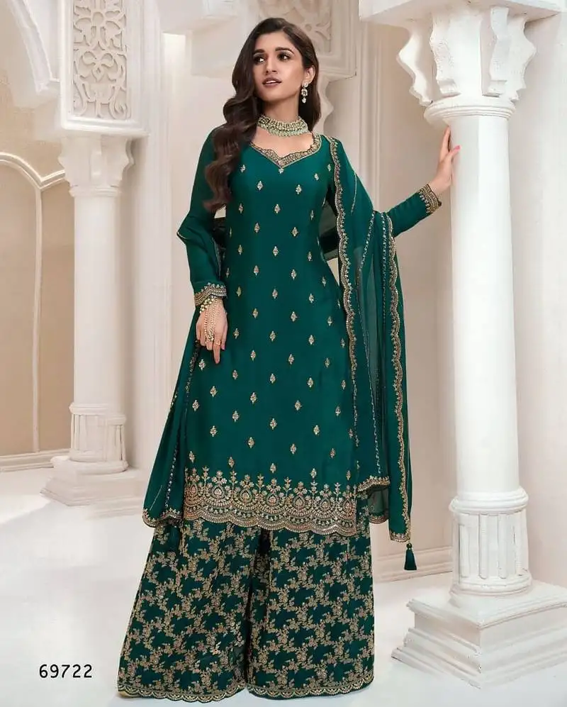 Peacock green heavy chinon jacquars silk full stitched free size upto 44 palazzo suits semi stitched