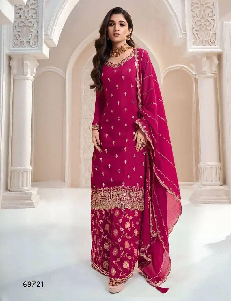 Rani pink heavy chinon jacquars silk full stitched free size upto 44 palazzo suits semi stitched