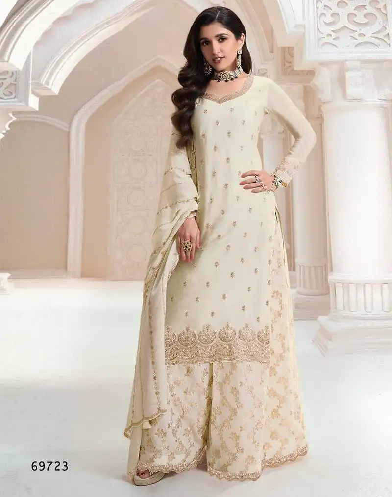 Ivory heavy chinon jacquars silk full stitched free size upto 44 palazzo suits semi stitched