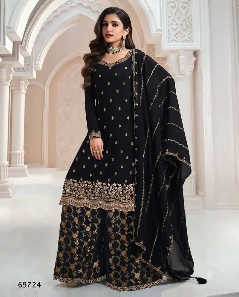 Black heavy chinon jacquars silk full stitched free size upto 44 palazzo suits semi stitched