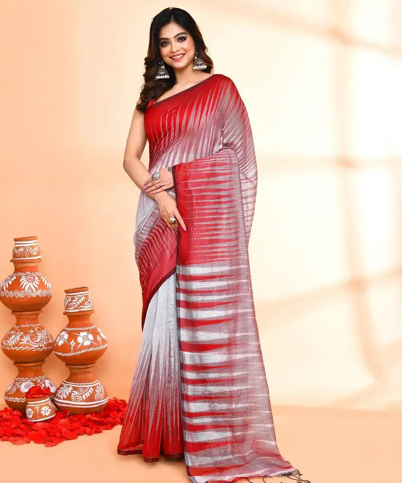 Red cotton saree with running blouse