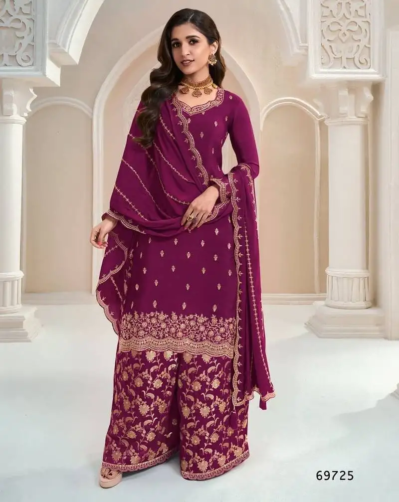 Wine heavy chinon jacquars silk full stitched free size upto 44 palazzo suits semi stitched