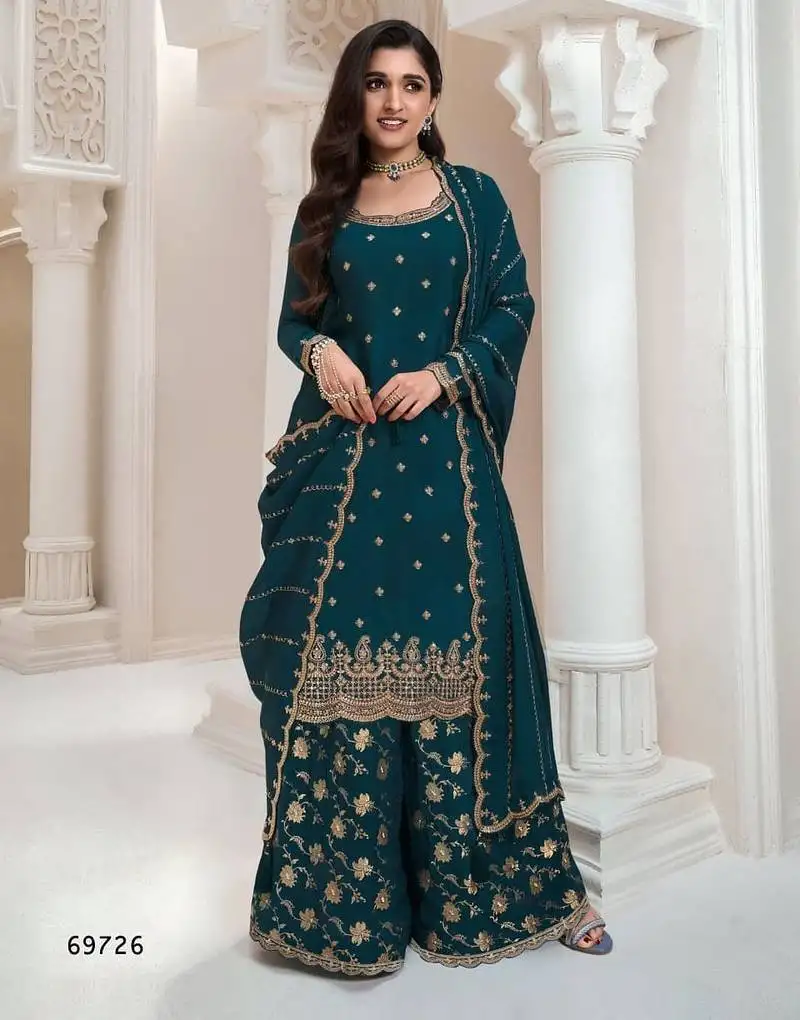 Teal heavy chinon jacquars silk full stitched free size upto 44 palazzo suits semi stitched