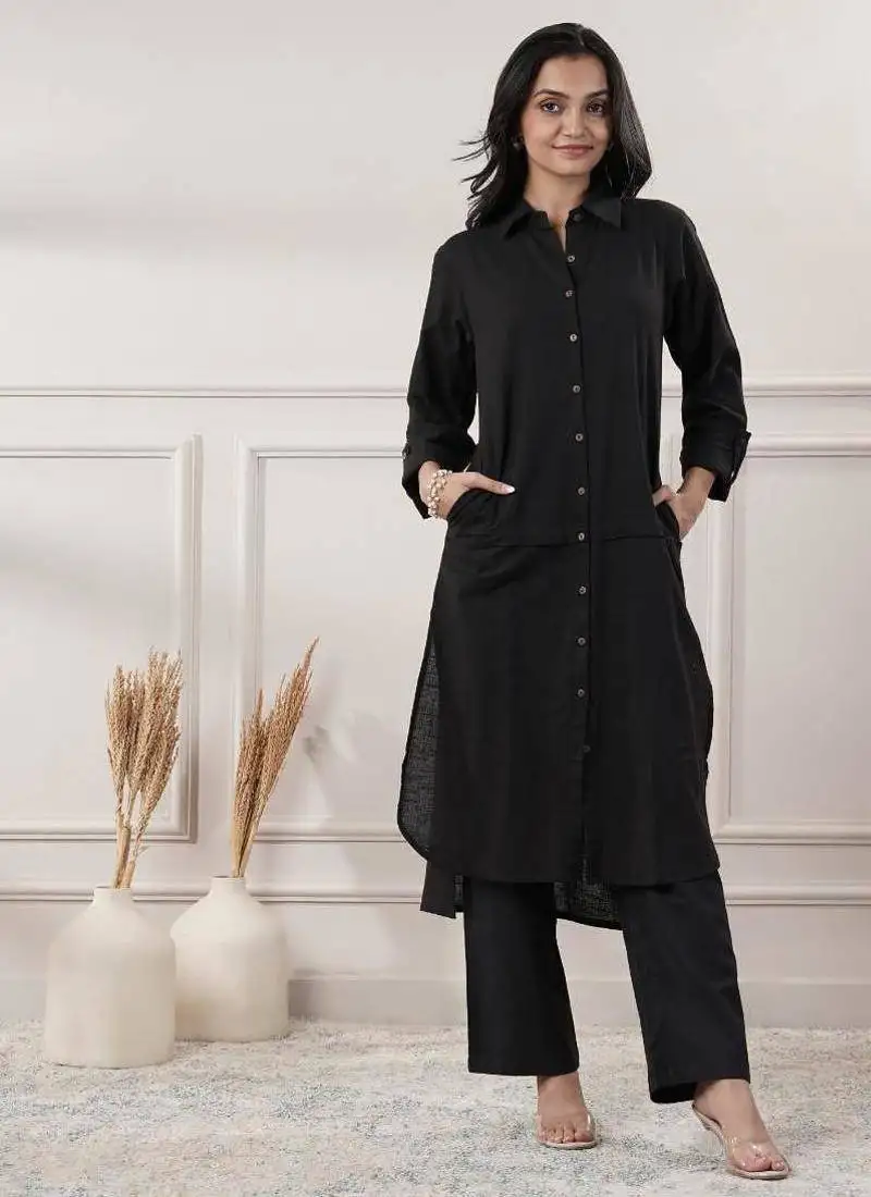 Women black cotton dress with button