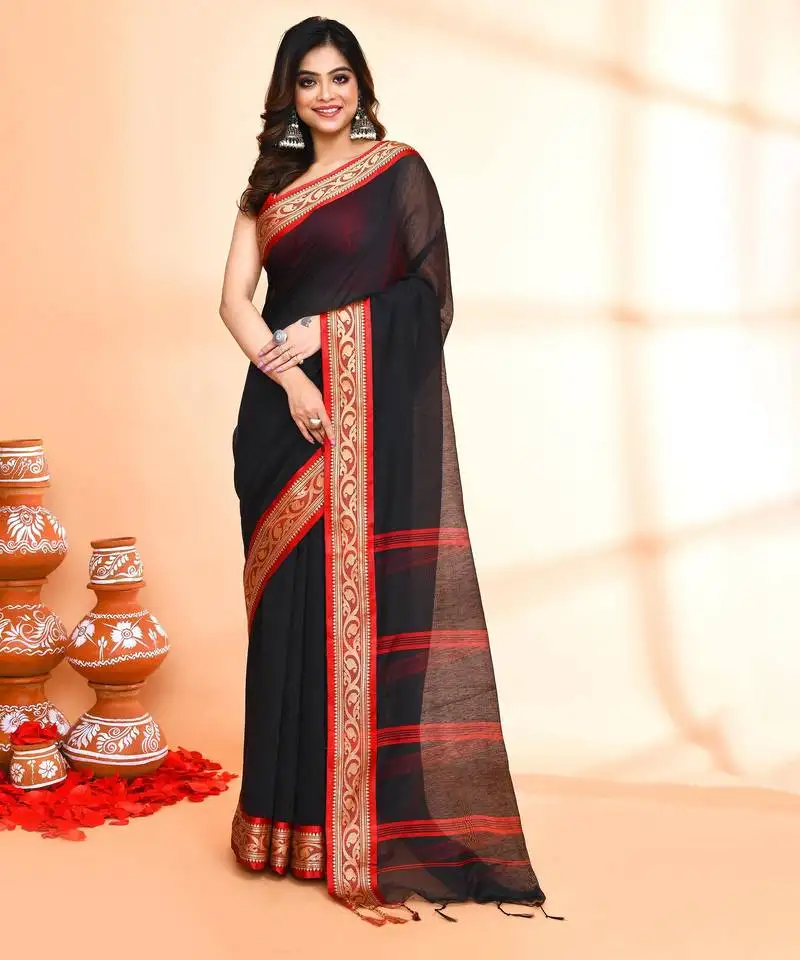 Black red cotton saree with running blouse
