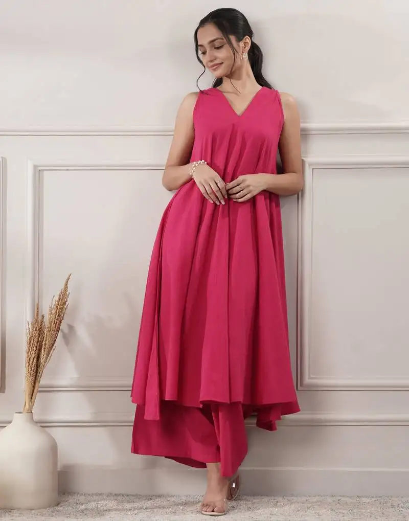 Women fuchsia cotton a-line midi dress with pants