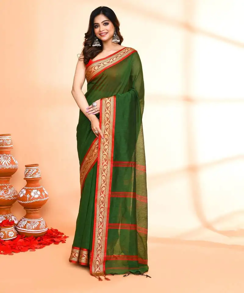 Green and red cotton saree with running blouse