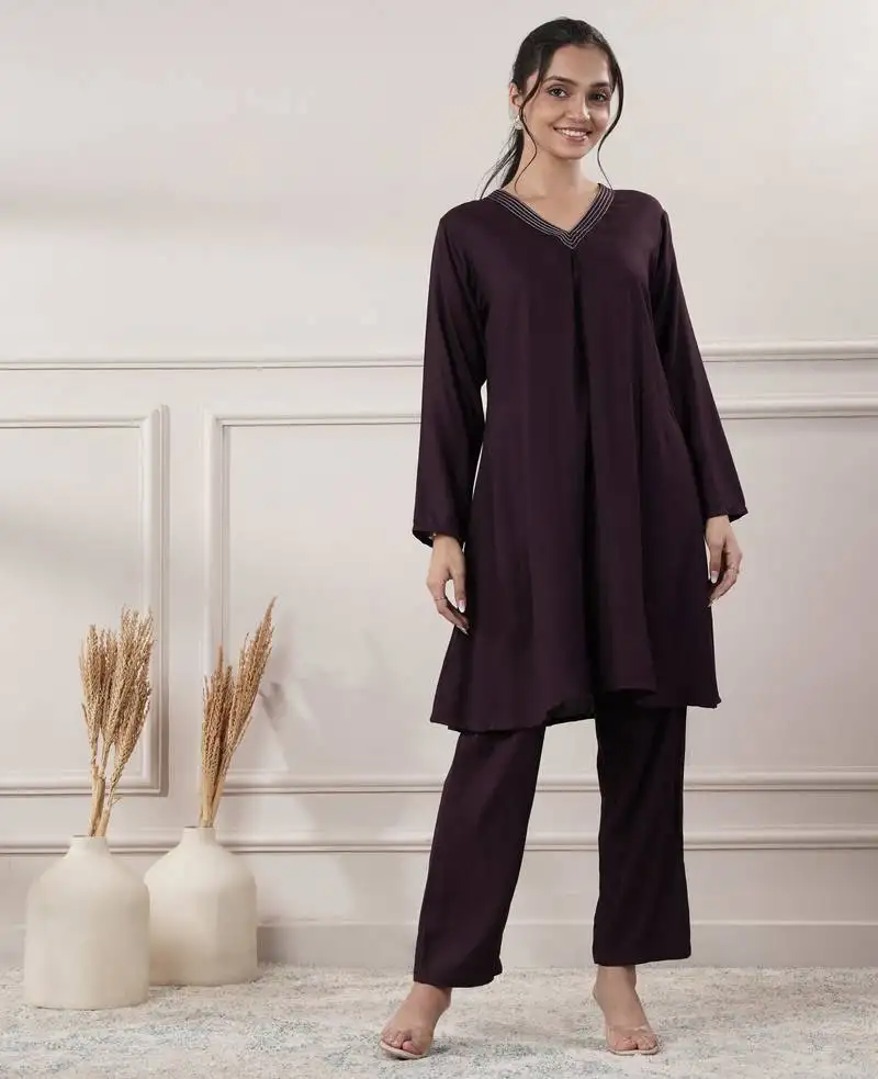 Women rayon wine v-neck co-ord set with pant