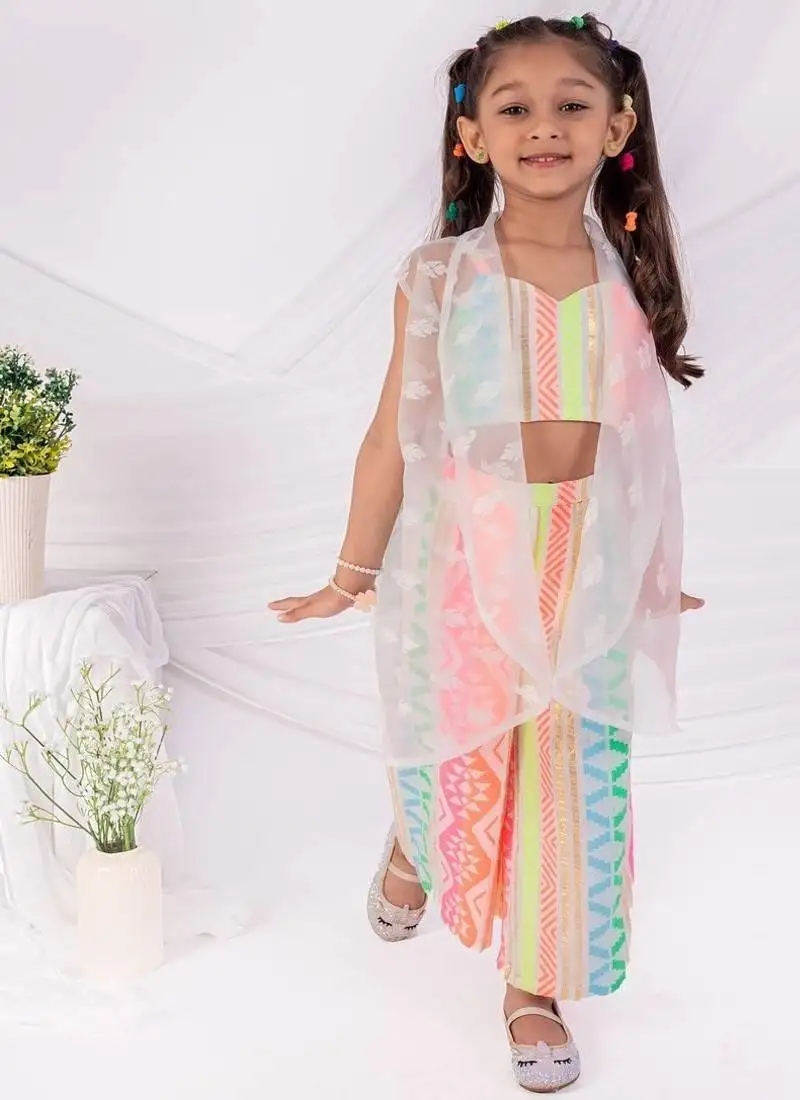 Multicolor printed organza three piece co ord set