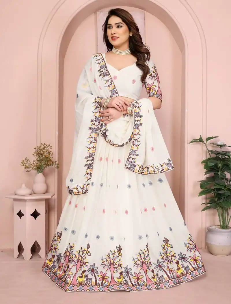 Delightfully white embroidery work with thread and sequins star georgette designer party wear lehenga choli dress