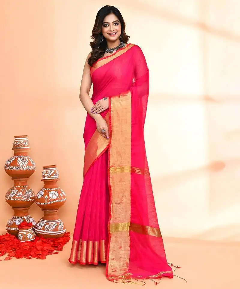 Pink cotton saree with running blouse