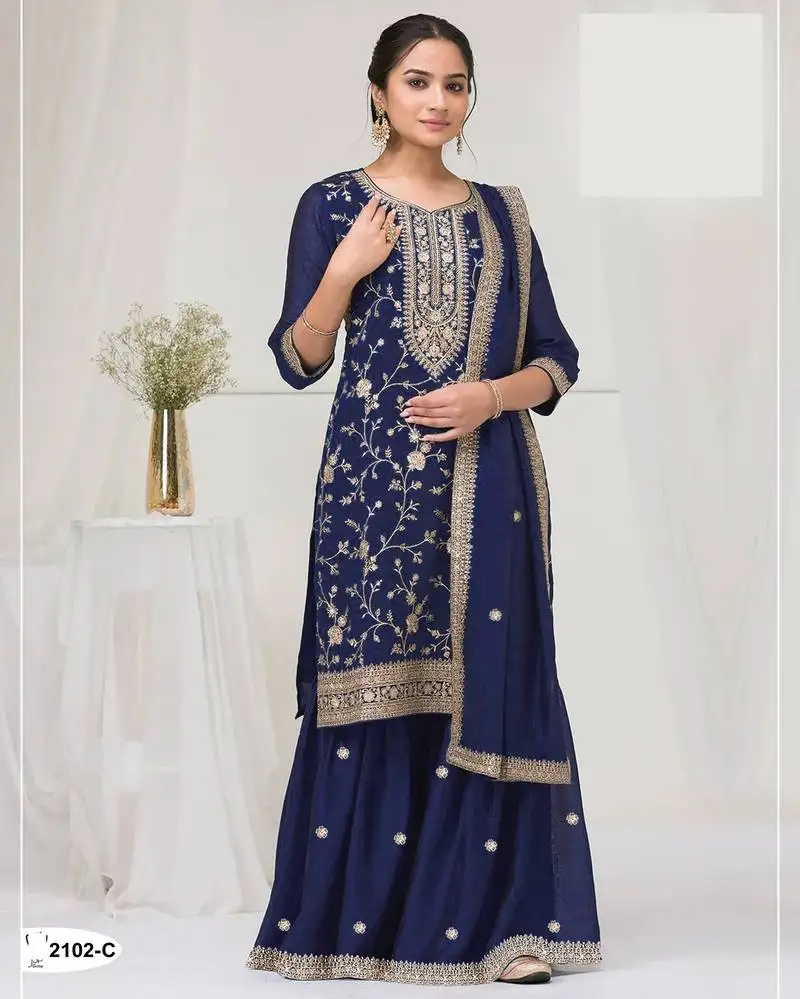 Navy blue silk semi stitched wedding suits