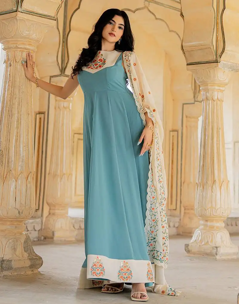 Aqua blue georgette embroidered gown with cream dupatta for festive elegance stitched