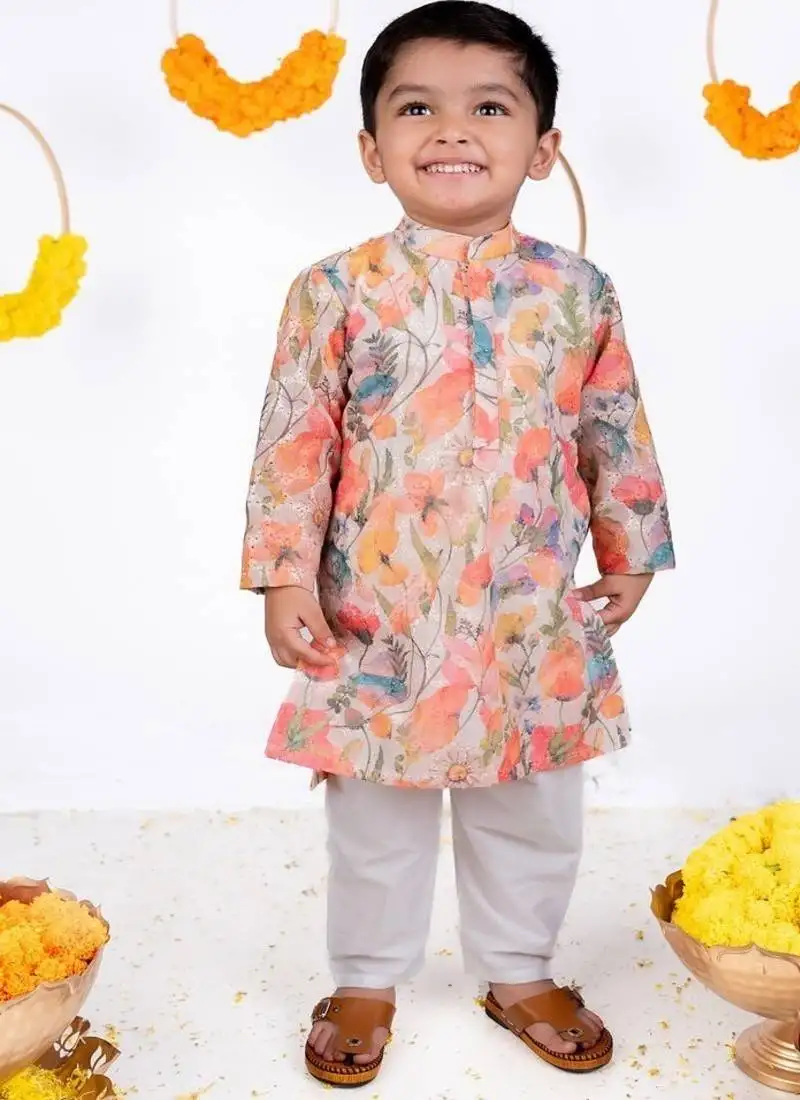 Multicolor printed cotton silk kurta pyjama