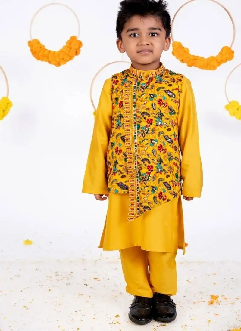 Yellow embroidered cotton nehru jacket set