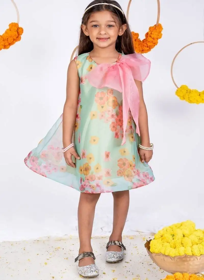 Green printed organza dress